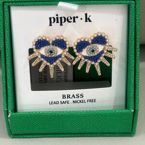 Piper K Blue Heart Evil Eye Stud Earrings Nickel Free New in Gift Box